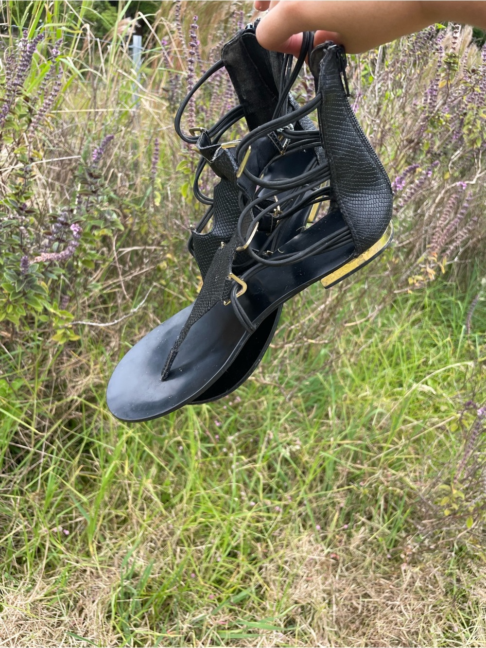 Aldo Black Lace-Up Gladiator Sandals with Gold Trim